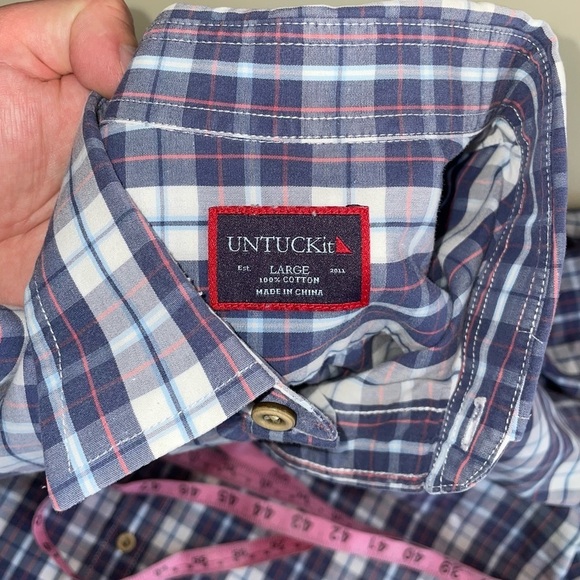UNTUCKit Cotton Plaid Button Down Shirt Blue White Men’s Size Large - Picture 3 of 7